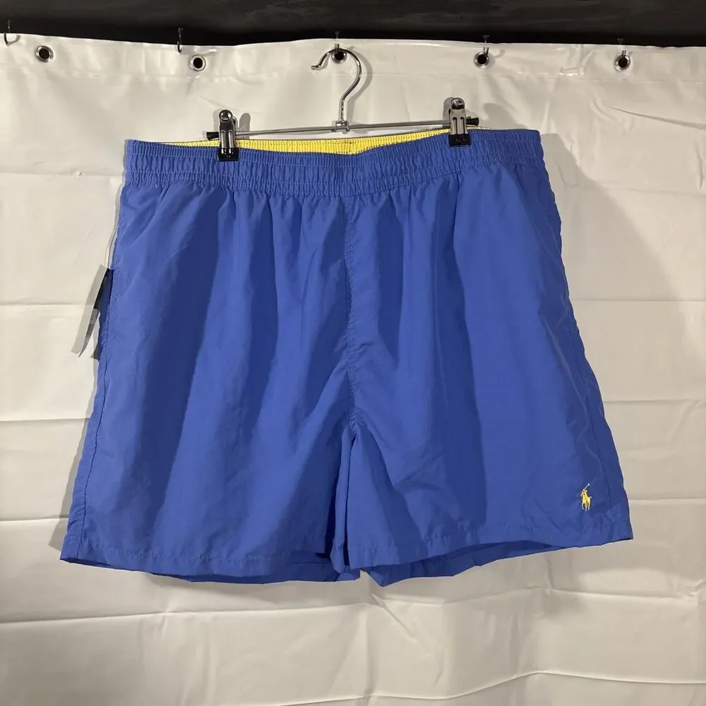 NWT Vintage Polo Ralph Lauren Swim Trunks Mens 2XL Blue 5” Inseam Yellow Pony